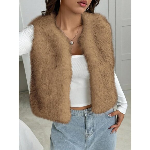 Women's Tan Faux Fur Vest Fall Fashion Sleeveless Fuzzy Jacket Fluffy Coats - Picture 2 of 5